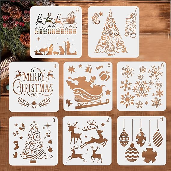 BTORER 8Pcs Reusable Christmas Stencils, 5.1inches Holiday Xmas Drawing Template Chris-tmas Stencils for Painting on Wood Silce DIY Crafts Ornaments Chris-tmas Tree, Christmas Gifts
