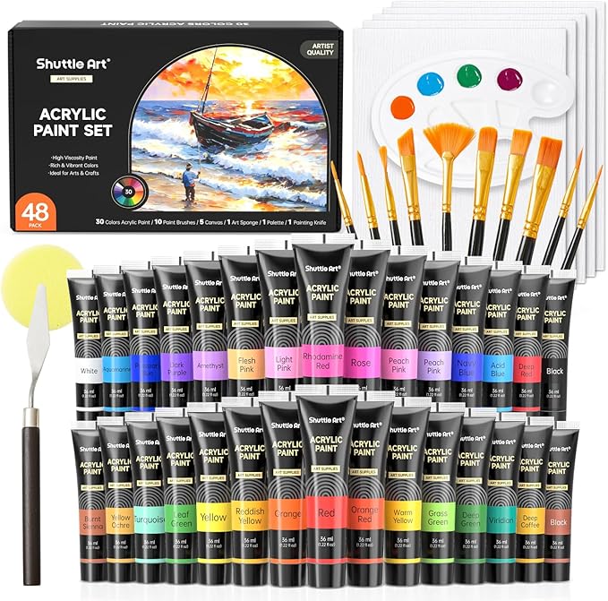 Shuttle Art 48 Pack Acrylic Paint Set, 30 Colours Acrylic Paint (36ml) with 10 Brushes 5 Canvas 1 Palette 1 Sponge, Complete Set for Kids, Adults Painting Kit on Canvas Rocks Wood Ceramic