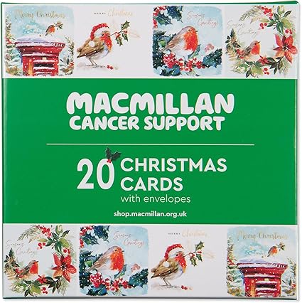 Macmillan Christmas Robins Charity Christmas Cards – Pack of 20 Luxury and Eco-Friendly Christmas Cards. Boxed Multipack of 4 Seasonal Christmas Designs. 127x127mm Card Size.
