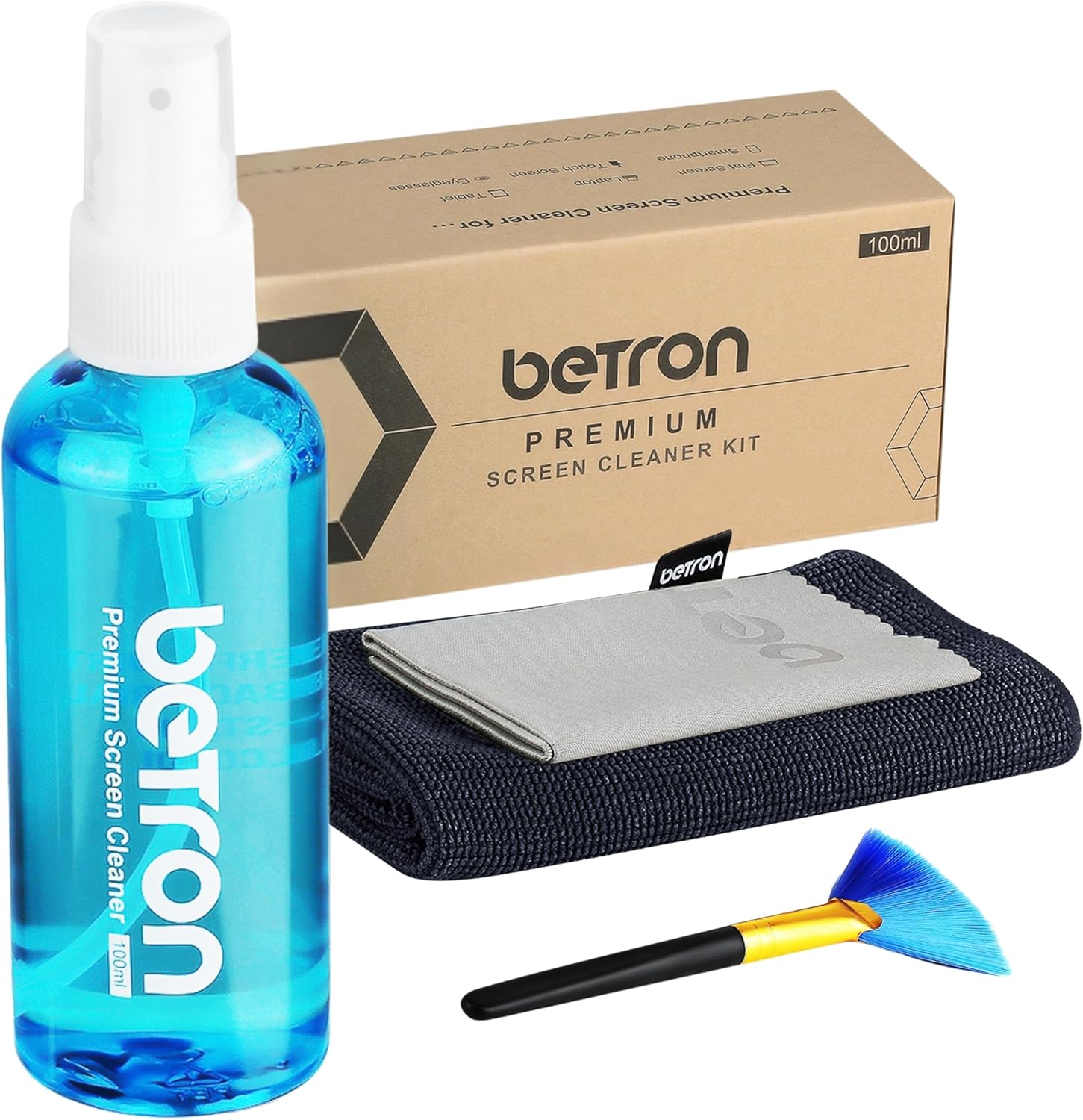 Betron Screen Cleaner Spray for TV, Laptop, Macbook, Computer, Monitor, Mobile Phone Cleaning Kit including Brush and Microfibre Cleaning Cloth, 100ml