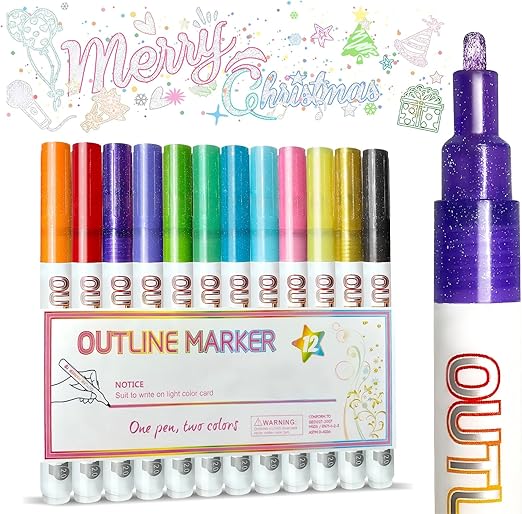 Pens Metallic Marker: 12 Glitter Highlighters, Double Line Marker, DIY Art Craft for Christmas and Birthday Greetings, Teenage Girls Gifts