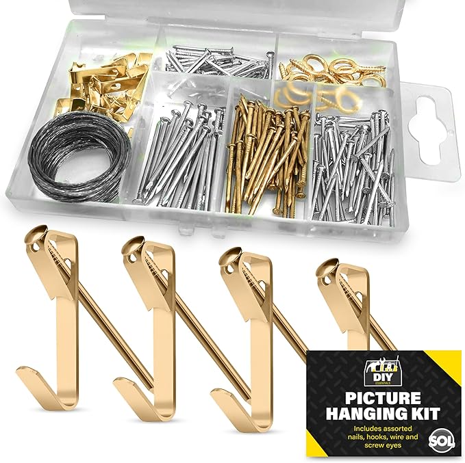 SOL 172pk Picture Hanging Kit - Includes Small Iron Nails, Large Copper Nails, Copper Rings, Hooks & Hanging Wire - Wall Hooks for Hanging Pictures, Frames, and Decor