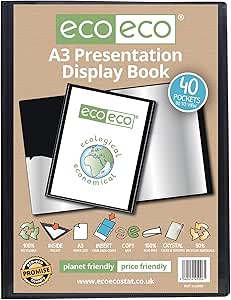 eco-eco A3 Size 50% Recycled 40 Pocket Black Presentation Display Book, Storage Case Portfolio Art Folder with Plastic Sleeves Brand: eco-eco