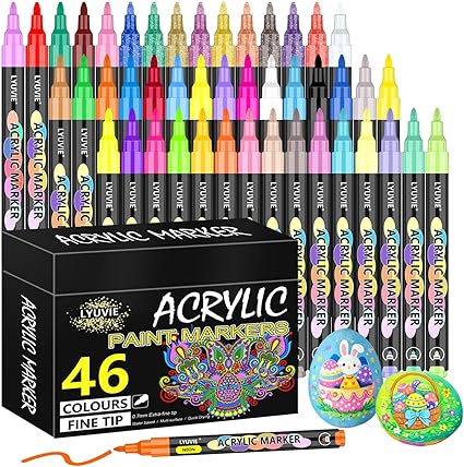 Acrylic Paint Pens,46 Colours Acrylic Pens for Rock Painting Fabric Glass Pebbles Stone Metal Wood Ceramic,Water-Based Permanent Paint Pens Markers with 0.7mm Extra Fine Tip