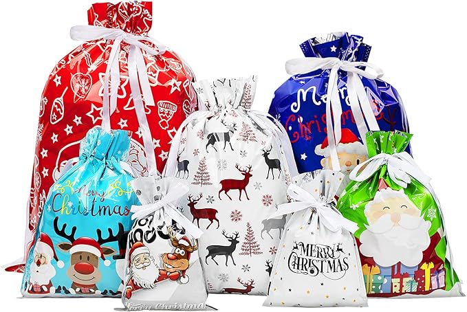 Christmas Drawstring Gift Bags, 30pcs Xmas Wrapping Gift Bags Large Medium Small Assorted Sizes, Christmas Wrap Bags Multipack, for Xmas Party, Presents, Holiday Decorations