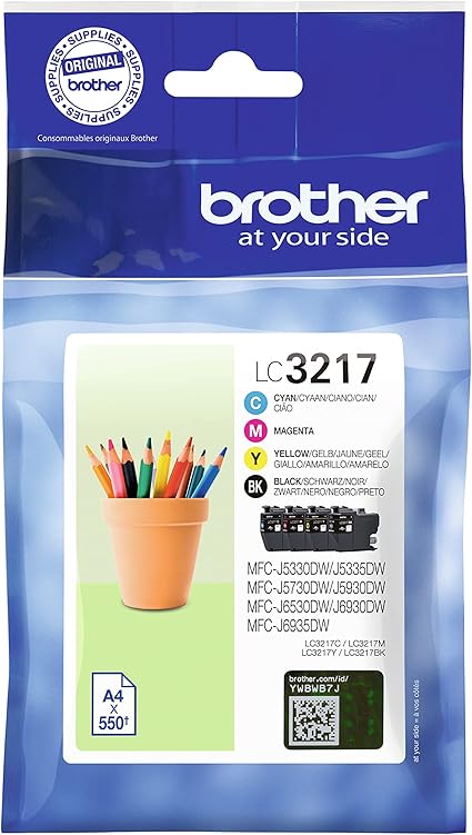 Brother LC-3217BK/LC-3217C/LC-3217M/LC-3217Y Inkjet Cartridges, Black/Cyan/Magenta/Yellow, Multi-Pack, Standard Yield, Includes 4 x Inkjet Cartridges, Genuine Supplies