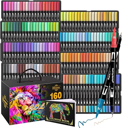 Efimeso 160 Colour Felt Brush Tip Pens, Dual Tip Brush Marker,Colouring Pens Fineliners Art Supplies for Drawing Sketching Colouring Book