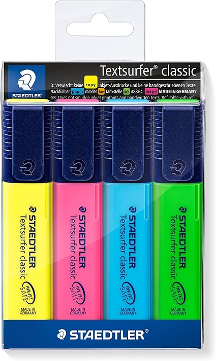 STAEDTLER 364 WP4 Textsurfer Classic Highlighter - Assorted Colours (Pack of 4)