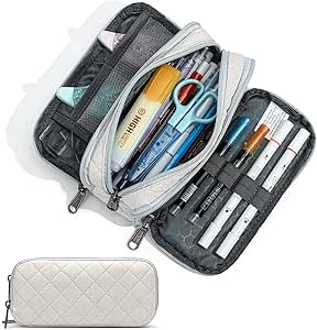 Della Gao Large Pencil Case, Big Capacity Pencil Pouch with 3 Compartments, Office Pencil Bag with Zipper, Big Pen Case for Adults (Beige-03RH)