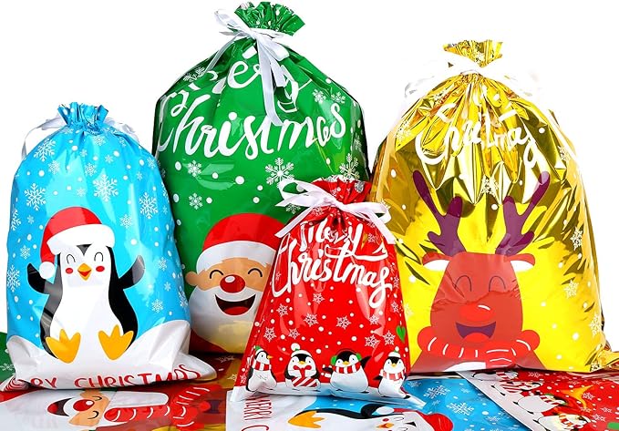 DIYASY 30pcs Christmas Drawstring Gift Bags, Lager Size Xmas Gift Wrapping Goodies Bags