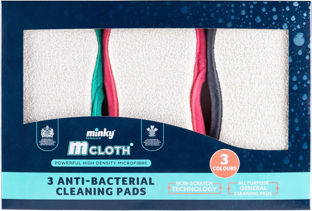 Minky Anti-Bacterial Cleaning Pads, 3-Pack, Reusable Microfibre, Dual-Sided, Non-Scratch