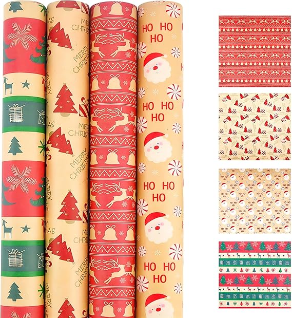 Christmas Wrapping Paper Roll,Cydaluya 4 Roll Recyclable Kraft Christma Wrapping roll,43cm*3m Xmas Wrapping Paper Rolls with 4 Vintage Designs for Christmas Decoration.