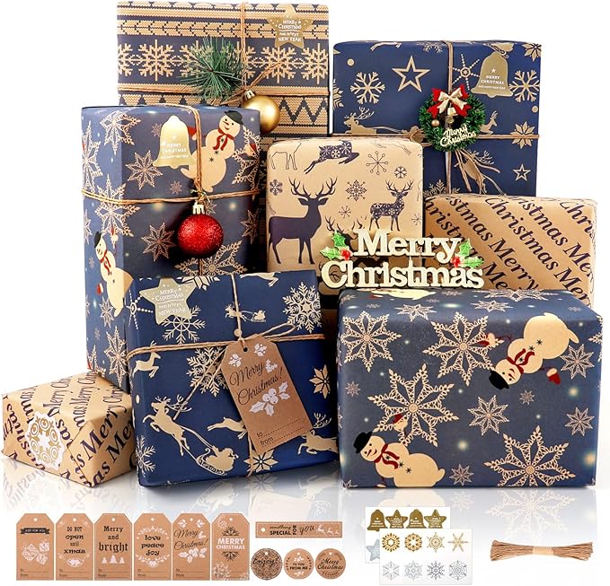 Christmas Wrapping Paper Sheets, 6 Sheet Navy Blue and Brown Recycled Kraft Wrapping Paper with Tags Stickers, Xmas Wrapping Paper for Gifts Wrapping Arts Crafts Decorations, 5 Designs, 70 x 50cm
