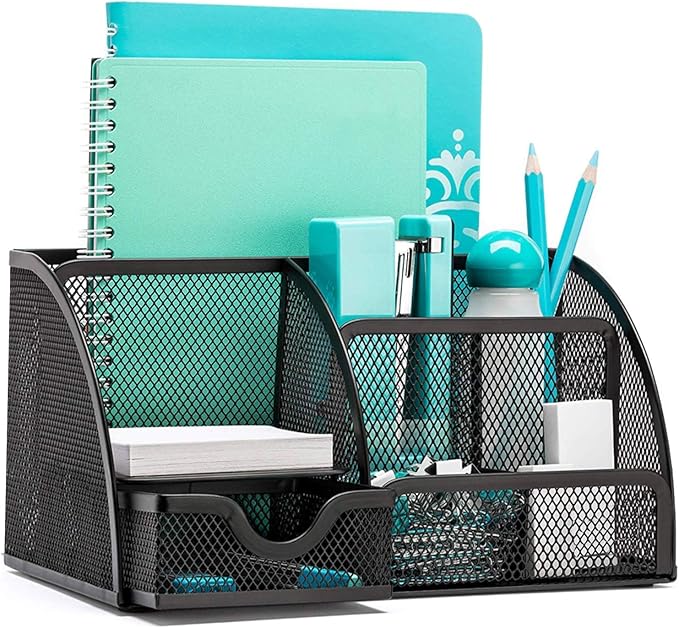 OKPOW Mesh Desk Organizer Desk Tidy Pen Holder 6 Components Office Supply Pen File Holder Home Office Storage Compartment (Upgrade Black)