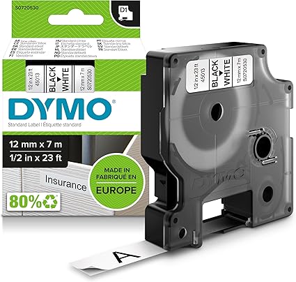 DYMO Authentic D1 Labels | Black Print on White Tape | 12 mm x 7 m | Self-Adhesive Labels for LabelManager Label Makers | Made in Europe