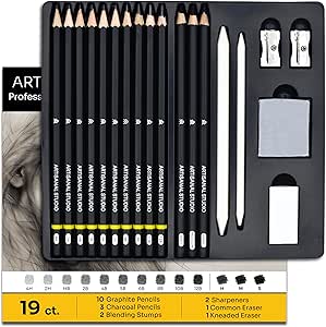 Drawing Pencils, (12B to 4H) 10 Graphite, 3 Charcoal Sketching Pencils, Blending Stumps, Erasers & Sharpeners for Drawing, Sketching, Shading, Drafting and Illustrations
