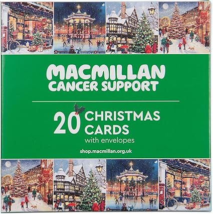 Macmillan Village Scenes Charity Christmas Cards – Pack of 20 Luxury and Eco-Friendly Christmas Cards. Boxed Multipack of 4 Seasonal Christmas Designs. 127x127mm Card Size.