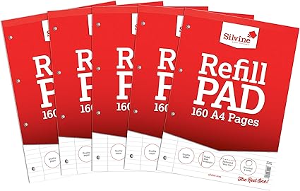 Silvine 160 Page A4 Refill Pad, Head Bound and Punched 4 Holes. Ruled 8mm Feint with Margin [Pack of 5], White