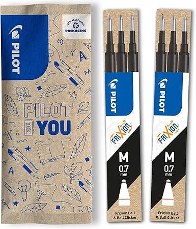 PILOT Frixion 0.7 Refills - Set of 2 x 3 Frixion Erasable Refills - Compatible with Frixion Ball and Frixion Clicker - Frixion Refills in Black - Medium - Gel Rollerball Refill