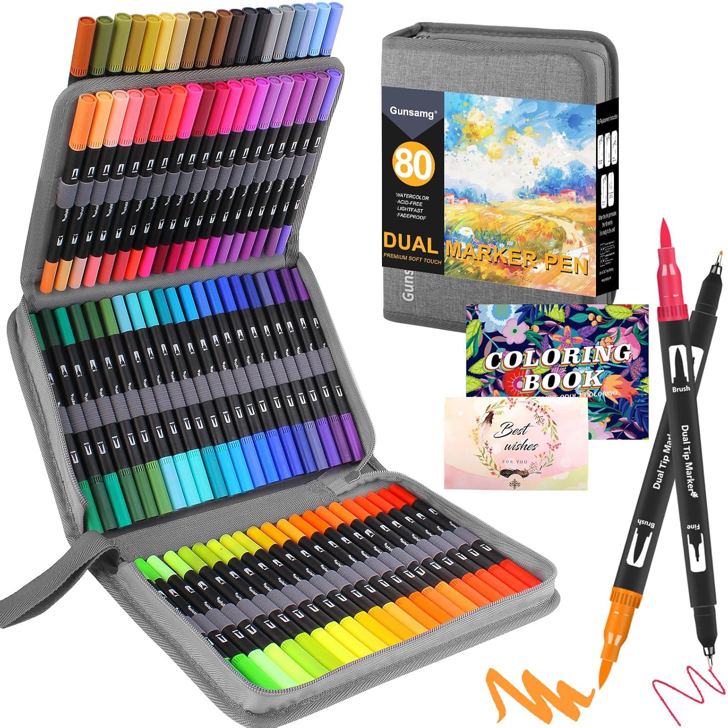 Gunsamg 80 Felt Pens for Painting Sketching Highlighting,Colouring Pens for Adults Coloring Books,Dual Tip Brush Pen Set with Colouring Book and Postcard Greeting Cards - Gift for Creative Soul…