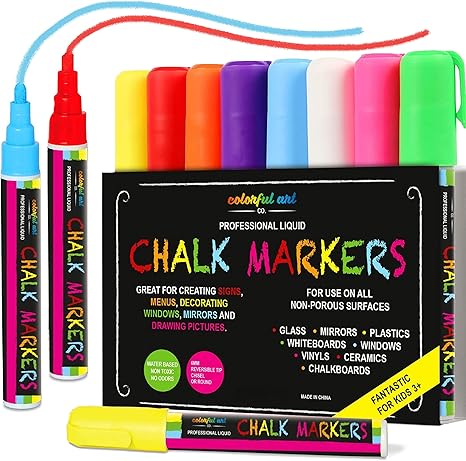 Liquid Chalk Pens - Set of 8 Neon Colors - Washable Chalkboard Markers for School Blackboard, Menu Board, Mirror, Ceramics, Car Window Glass, Easy to Erase