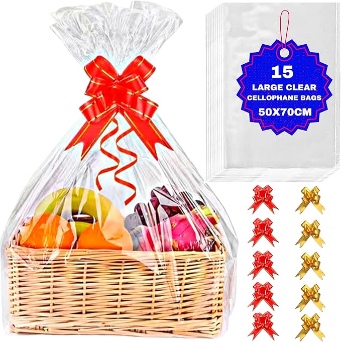 MAARA 15 Large Cellophane wrap Bags For Hampers (50CMX70CM / 20"X27") Clear Hamper Basket Gift Bags With 20 Pull Bows, Clear Wrapping Cellophane For Presents Packaging