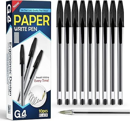 G4GADGET Premium Pack of 10 Black Biro Ballpoint Pens - Medium Tip for Fluent, Smooth Writing - Professional Quality Pens for Home, Office, and School Use - Long-Lasting Ink and Ergonomic Design