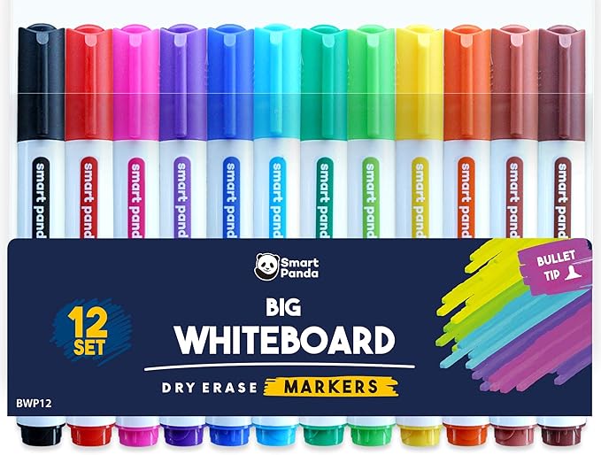 Smart Panda 12 Big Whiteboard Pens Bullet Tip Whiteboard Markers – Dry Erase Markers, Perfect for Home, School or Office - 12 Set Assorted Colours