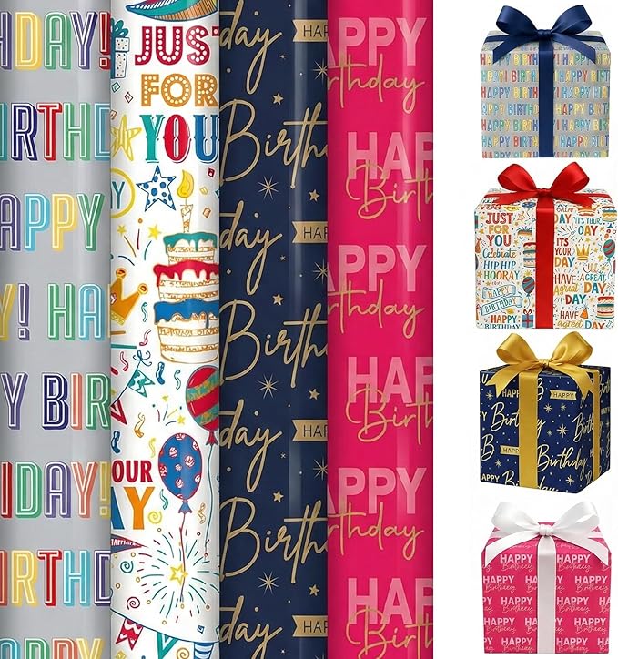 Pack of 4 x 3M Happy Birthday Wrapping Paper Roll - Multipack Premium Gift Wrap Wrapping Paper Perfect for Birthday, Party & Festive Decoration Sold By ANGIX