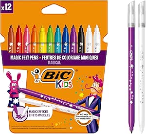 BIC Kids Magic Felt Tip Pens, Erasable Ink with Two Erasers, Washable Colouring Pens, Back to School Supplies, 12 Pack