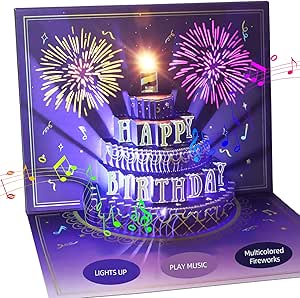 WUJUN 3D Pop Up Firework Birthday Cards, Musical LED Lights Birthday Cards with Blowable Birthday Cake, Greeting Cards, Birthday Gifts for Mom Women Men Kids Child Dad Father Wife