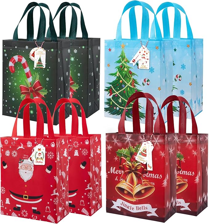 8Pcs Small Christmas Gift Bags With Handles Reusable Shopping Bags have Santa Claus Christmas Tree Candy Bells "MerryChristmas" Pattern of for Christmas Party Surpris