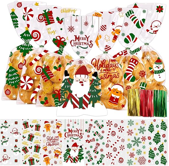 DTYDECLE 120pcs Christmas Cellophane Candy Bags, Clear Xmas Sweet Goodies Treat Cellophane Bags Santa Claus Snowflake Party Gift Bags with Twist Ties for Christmas Party Supplies