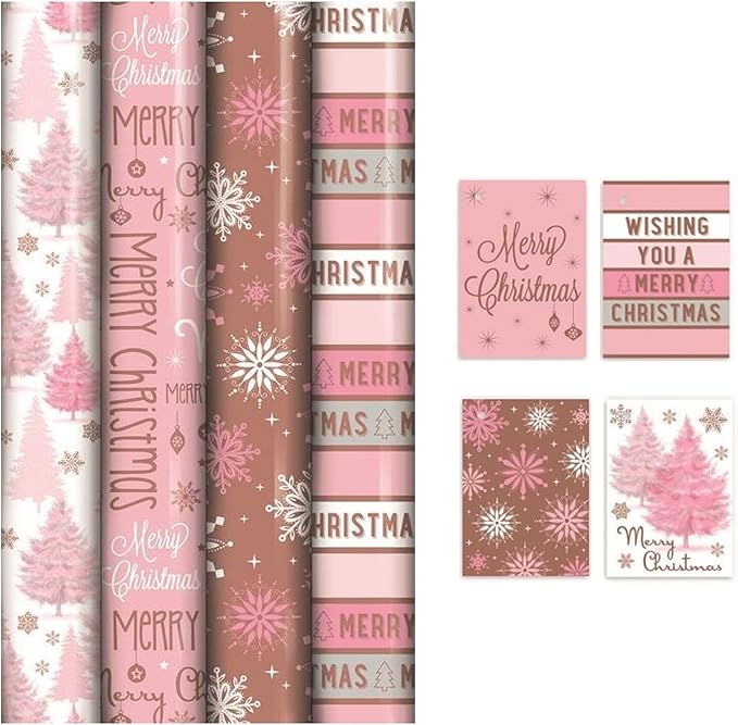 4 Rolls Of 8M Blush Pink Gift Wrapping Paper - Rose Gold Wrap - Pink Mix Festive Paper - 8M x 70CM With 20 Matching Festive Tags Ideal For The festive Season