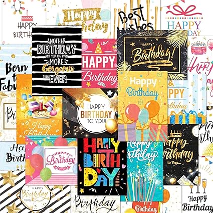 DEEPLAY 24 Holographic Birthday Card Assortment, Foil Gold Blank Greeting Card, Birthday Cards with Envelopes and Stickers, Glossy Elegant Bulk Happy Birthday Notes (4.7'' X 6.7")