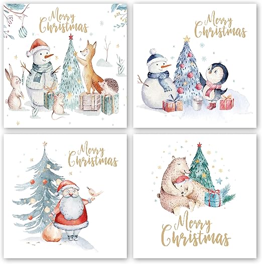 Charity Christmas Cards. Pack of 24. Each Christmas Card Multipack has 4 Different Watercolour Characters Designs. Ecofriendly and UK Made. Blank Inside. 115 x 115mm Card Size.