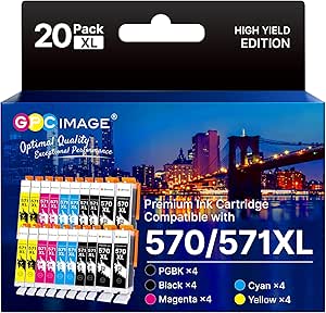 GPC Image 20-Pack 570XL 571XL Ink Cartridges Compatible for Canon 570 571 Ink Cartridges for Canon PIXMA MG5750 MG5751 MG5700 MG5500 TS6050 MG6800 MG6850 MG6851 TS5000 TS5050 (4PGBK/4BK/4C/4M/4Y)