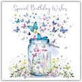 Nigel Quiney Artistic Open Female 'Happy Birthday' Greeting Card - Butterfly Jar Illustration - With A Silver Foil Finish - From The Pizazz Range - For Her