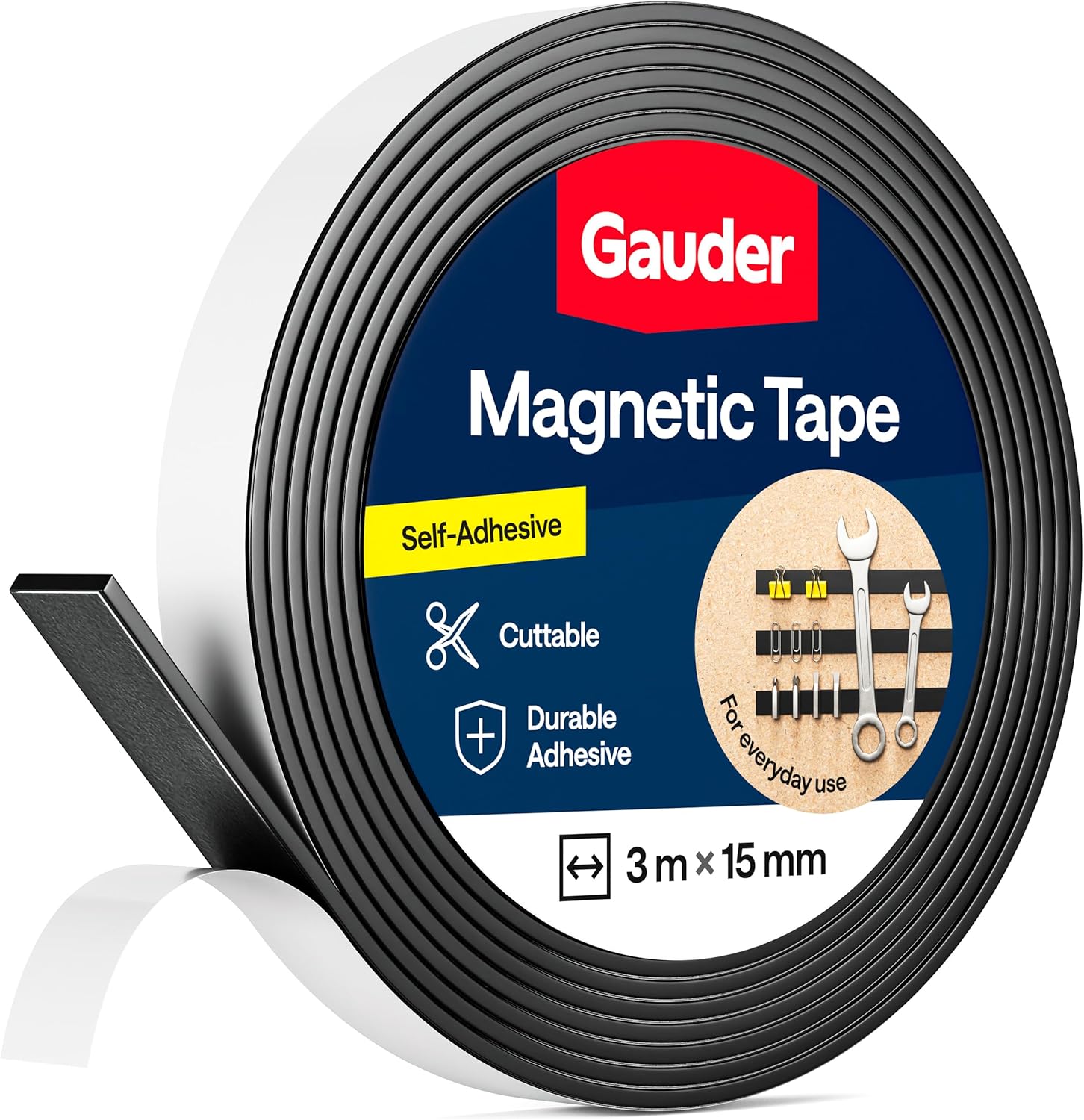 GAUDER Magnetic Tape Self-Adhesive Strong - Cuttable Magnet Strip with High Magnetic Strength - Sticky Magnet Tape with Strong Adhesive (3 m x 15 mm)