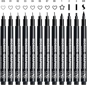 AKARUED Black Fineliner Pens, 12 Pack Fineliners Technical Drawing Micro Liner Sketch Pen for Artists, Waterproof Markers for Zentangle Illustration Manga Outline Art Supplies