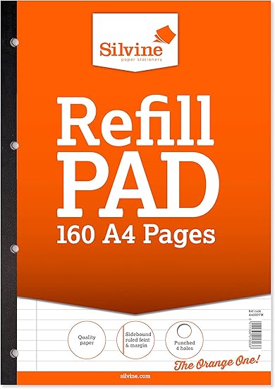 Silvine 160 Page A4 Refill Pad, Side Bound and Punched 4 Holes. Ruled 8mm Feint with Margin. Ref A4SRPFM, Single