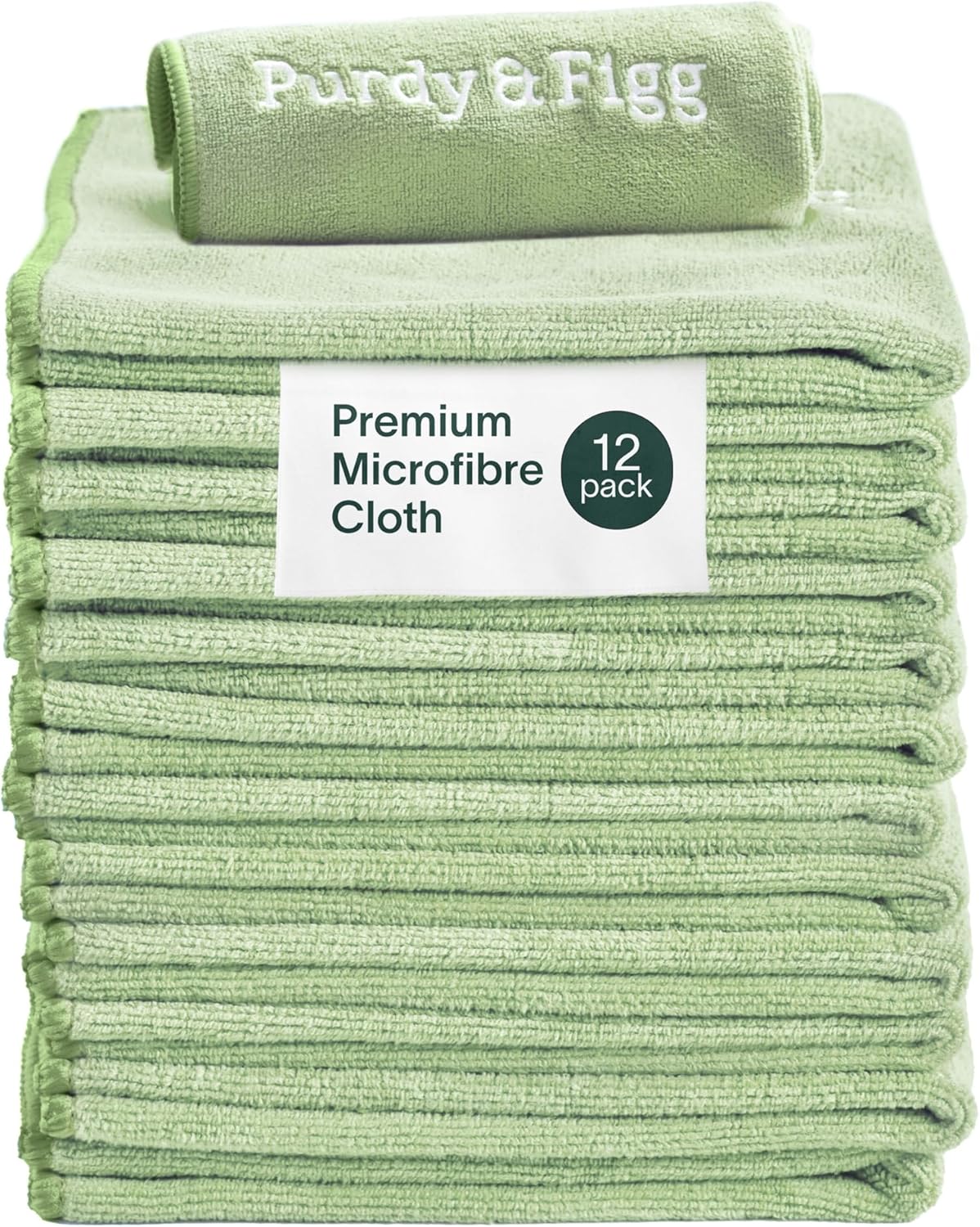 Purdy & Figg Microfiber Cleaning Cloths, Pack of 12, Lint-Free, Multipurpose, Green