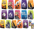 16Pcs Halloween Party Bags for Kids (22×13×8cm) - 8 Styles Paper Gift Bags With Stickers, Flat Bottom Kraft Paper Bag for Birthday Party