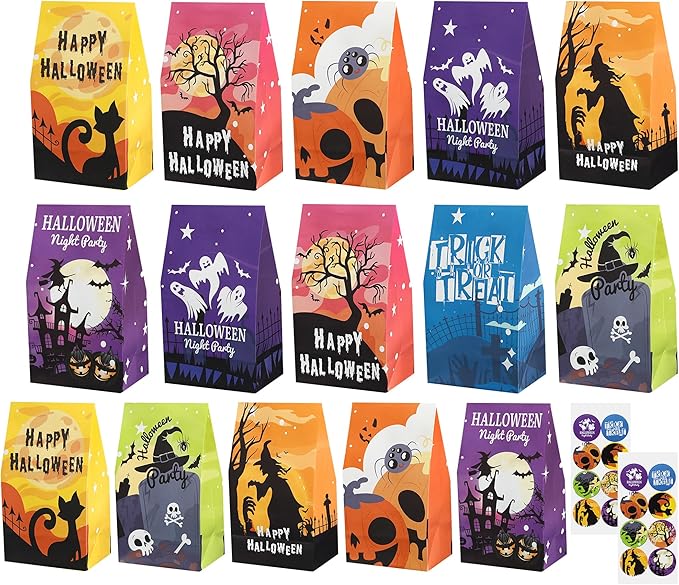 16Pcs Halloween Party Bags for Kids (22×13×8cm) - 8 Styles Paper Gift Bags With Stickers, Flat Bottom Kraft Paper Bag for Birthday Party