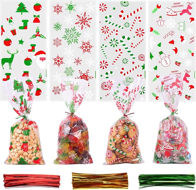 Christmas Cellophane Bags,Cydaluya 120pcs Clear Cellophane Treat Bags,christmas Cookie Bags with 150 Twist Ties for Candy Packaging of Christmas（12.5x27cm）