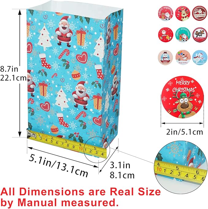 30 Pcs Christmas Paper Bags,Flat Bottom Party Bags,6 Christmas Elements Themed Design with 30 Pcs Stickers for Xmas Party, Birthday and Classroom