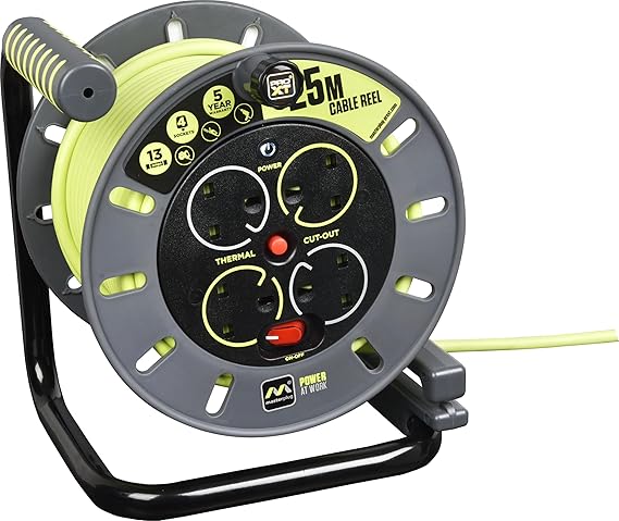 Masterplug Pro-XT Four Socket Open Cable Reel Extension Lead with Winding Handle, Thermal Cut Out and Power Switch, 25 Metres High Visibility Cable, Green