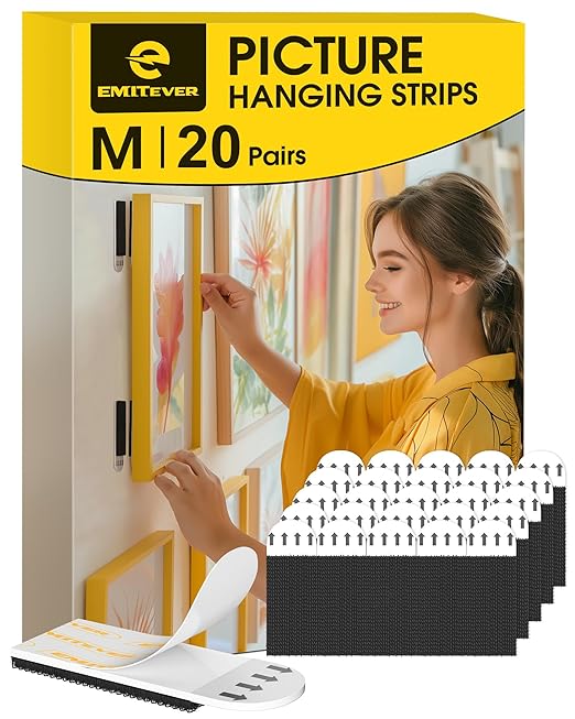 Emitever Picture Hanging Strips Heavy Duty M-20 Pairs (40 Strips), Holds up to 5.4 KG, No Damage Picture Adhesive Strips, Hook and Loop Mounting Tape Black
