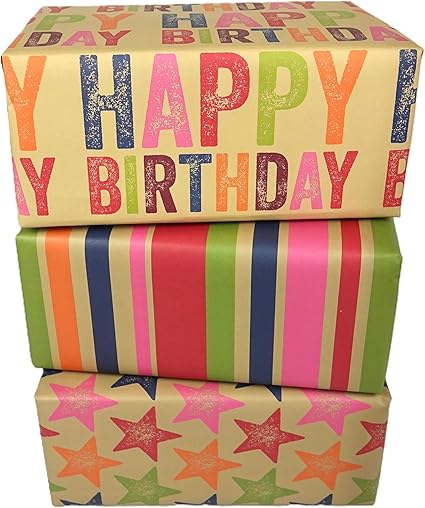 WRAPT Eco Birthday Wrapping Paper Large Quality Thick 50x70cm Present Sheets - UK Made - Recyclable Bright Scandi Gift Wrap (Scandi Birthday, 6 sheets)