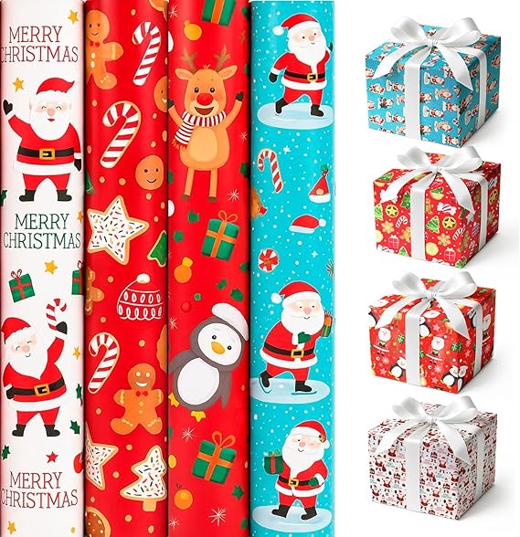 4 x 7M Cute Christmas Wrapping Paper roll -Perfect for Christmas, Birthday, Festival, Party or Wedding Gift and Festive Decoration by Karrma Ltd